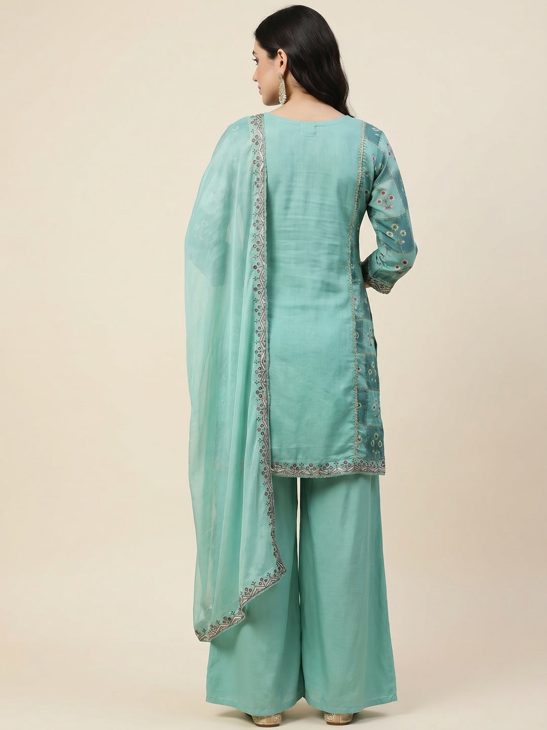 Turquoise Floral Hand Embroidered Muslin Dress Material - Image 2