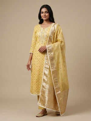 Yellow Printed With Hand Embroidered Muslin Dress Material - Image 1