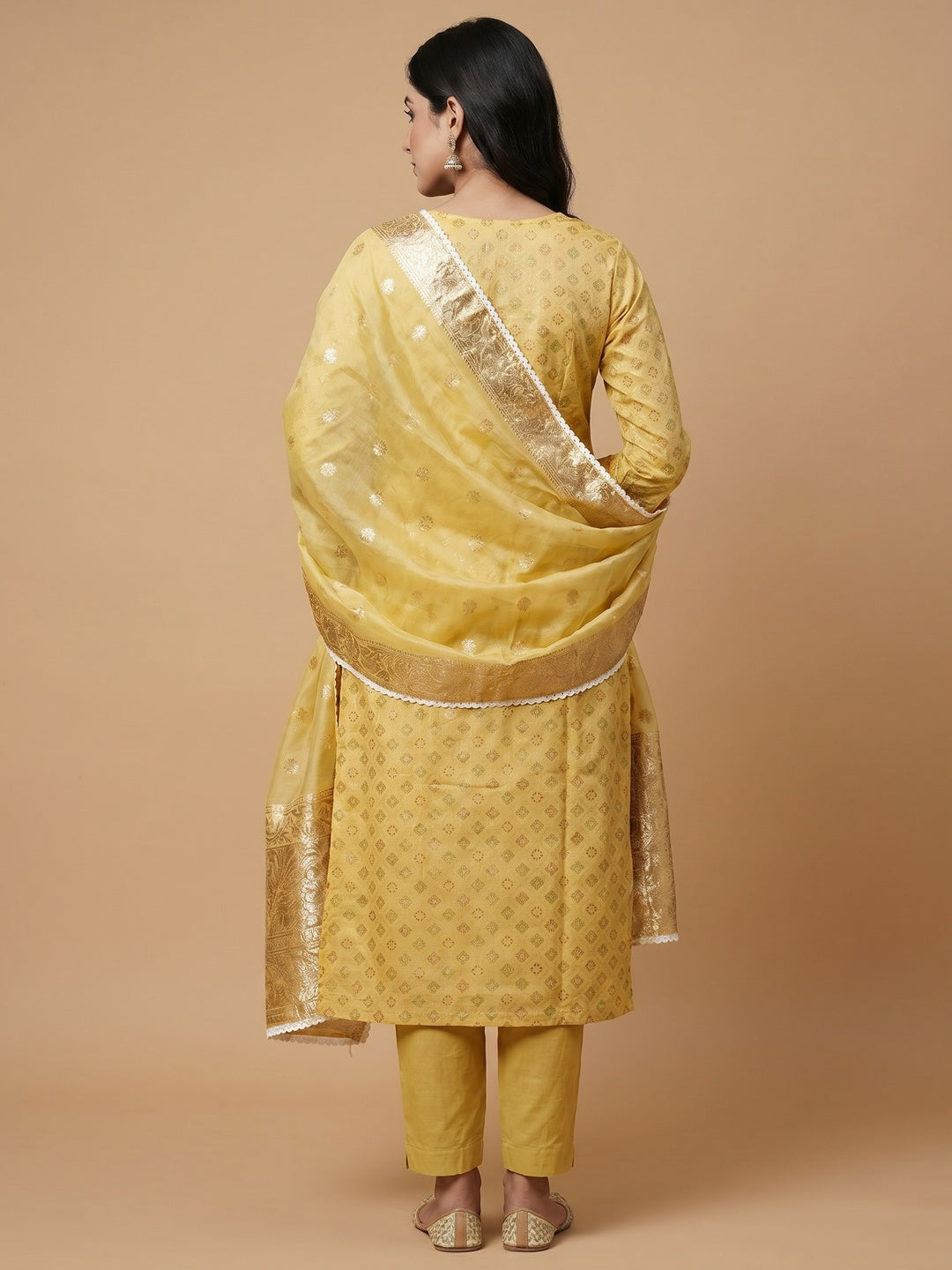 Yellow Printed With Hand Embroidered Muslin Dress Material - Image 2