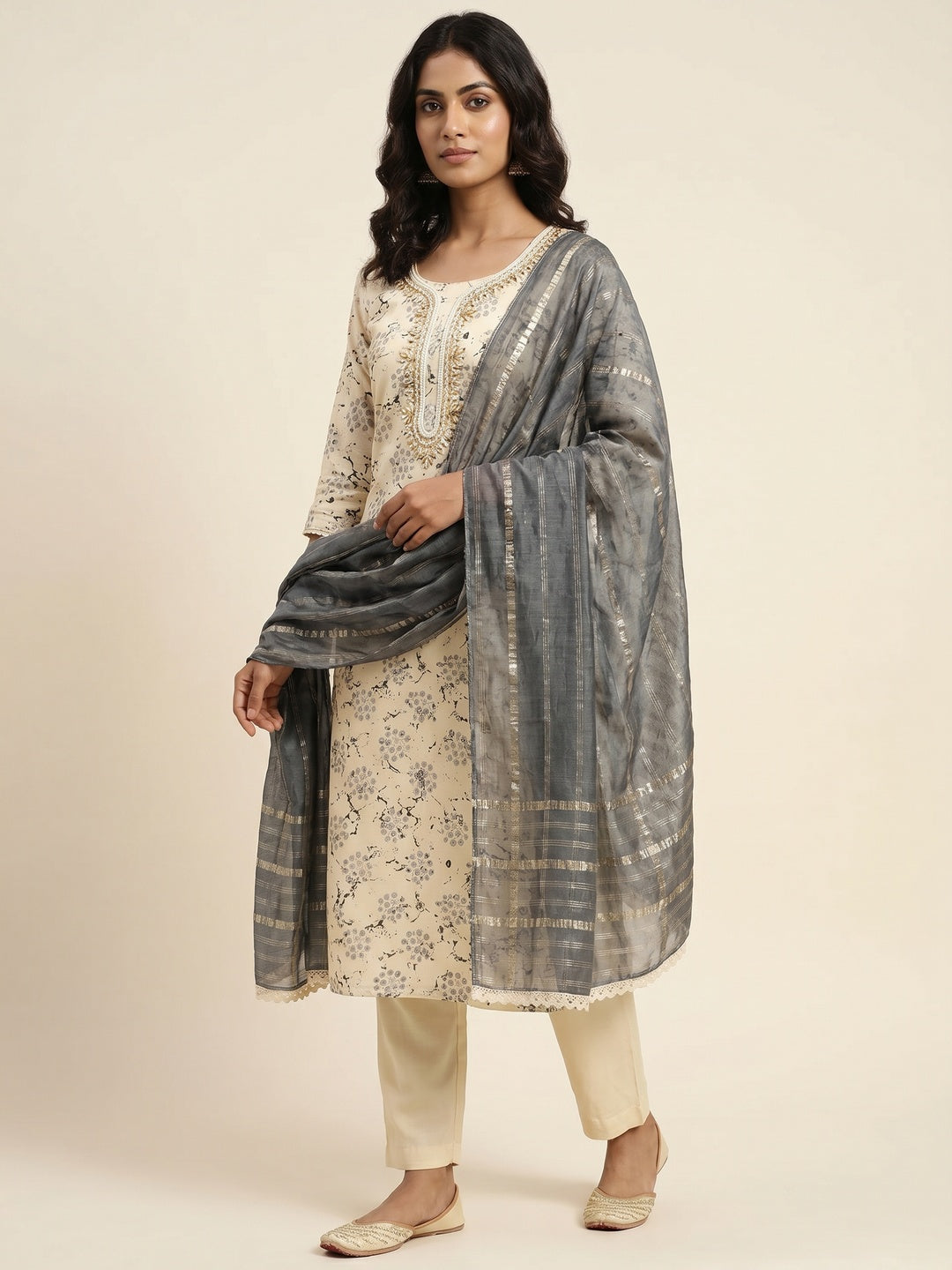 Cream & Dark Grey Digital Printed With Hand Embroidered Muslin Dress Material - Image 1