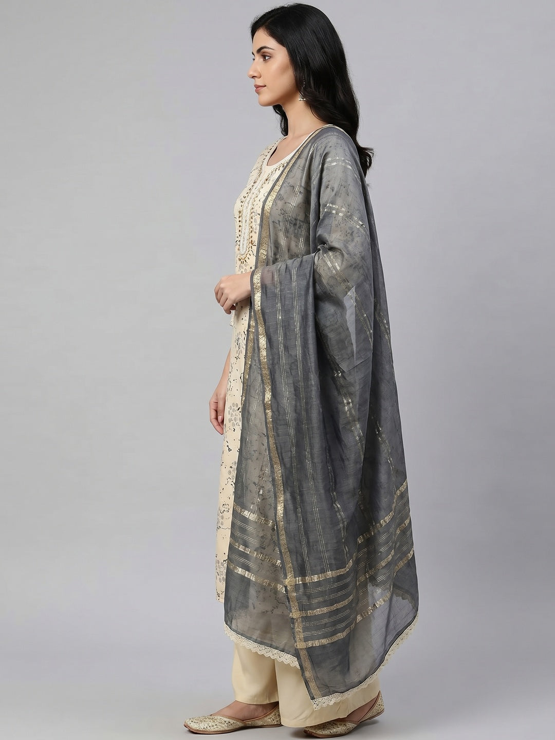 Cream & Dark Grey Digital Printed With Hand Embroidered Muslin Dress Material - Image 3