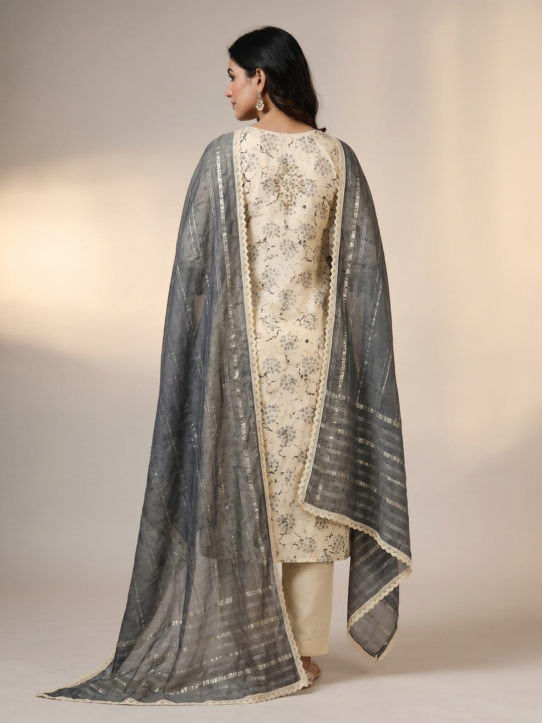Cream & Dark Grey Digital Printed With Hand Embroidered Muslin Dress Material - Image 2