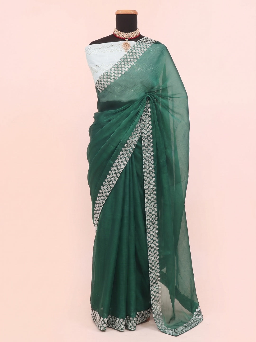 Green Sequins Embroidered Chiffon Saree - Image 1