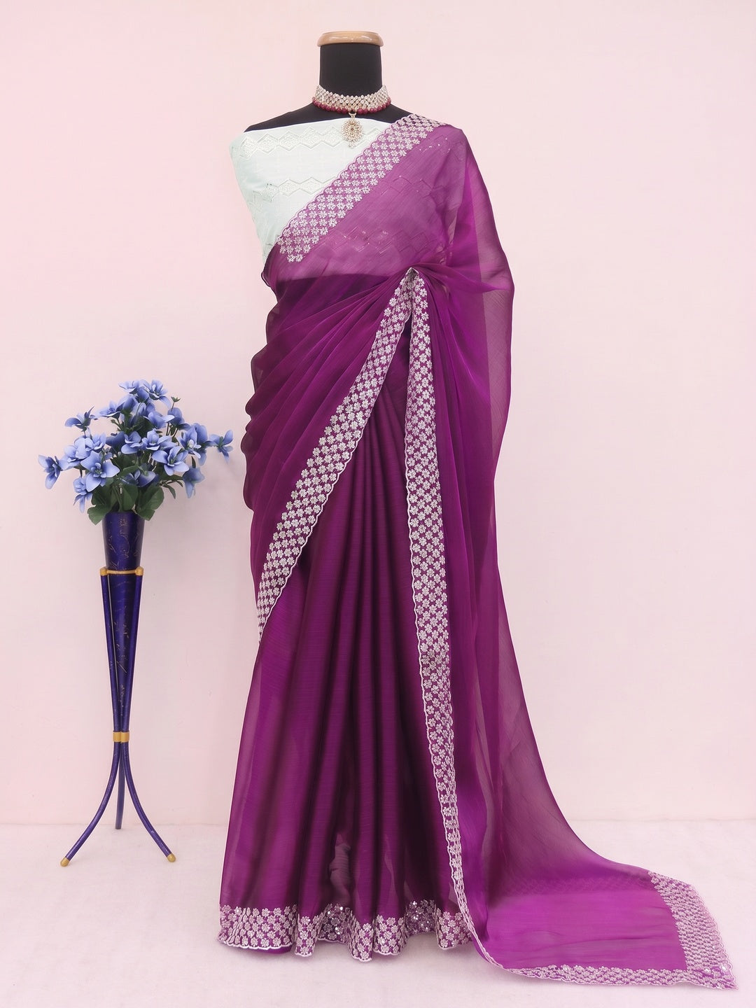 Purple Sequins Embroidered Chiffon Saree - Image 1