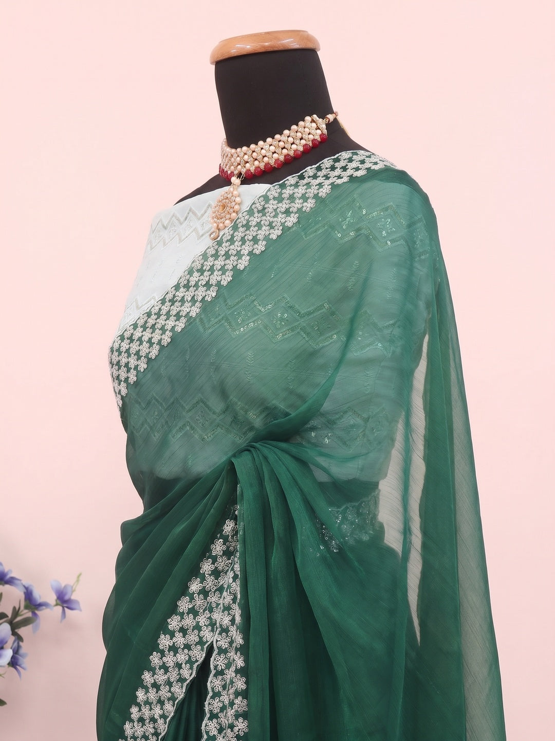 Green Sequins Embroidered Chiffon Saree - Image 2