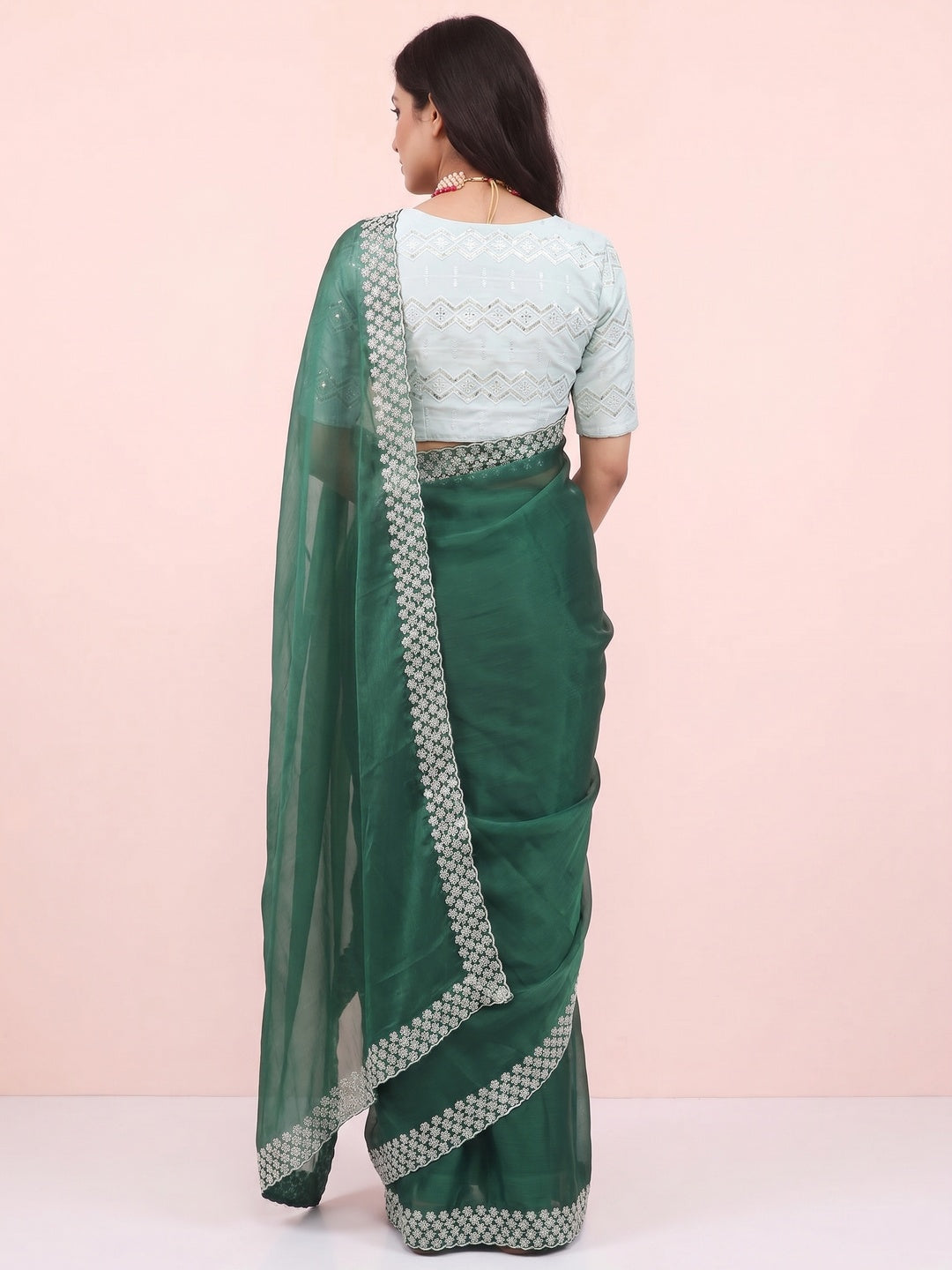 Green Sequins Embroidered Chiffon Saree - Image 3