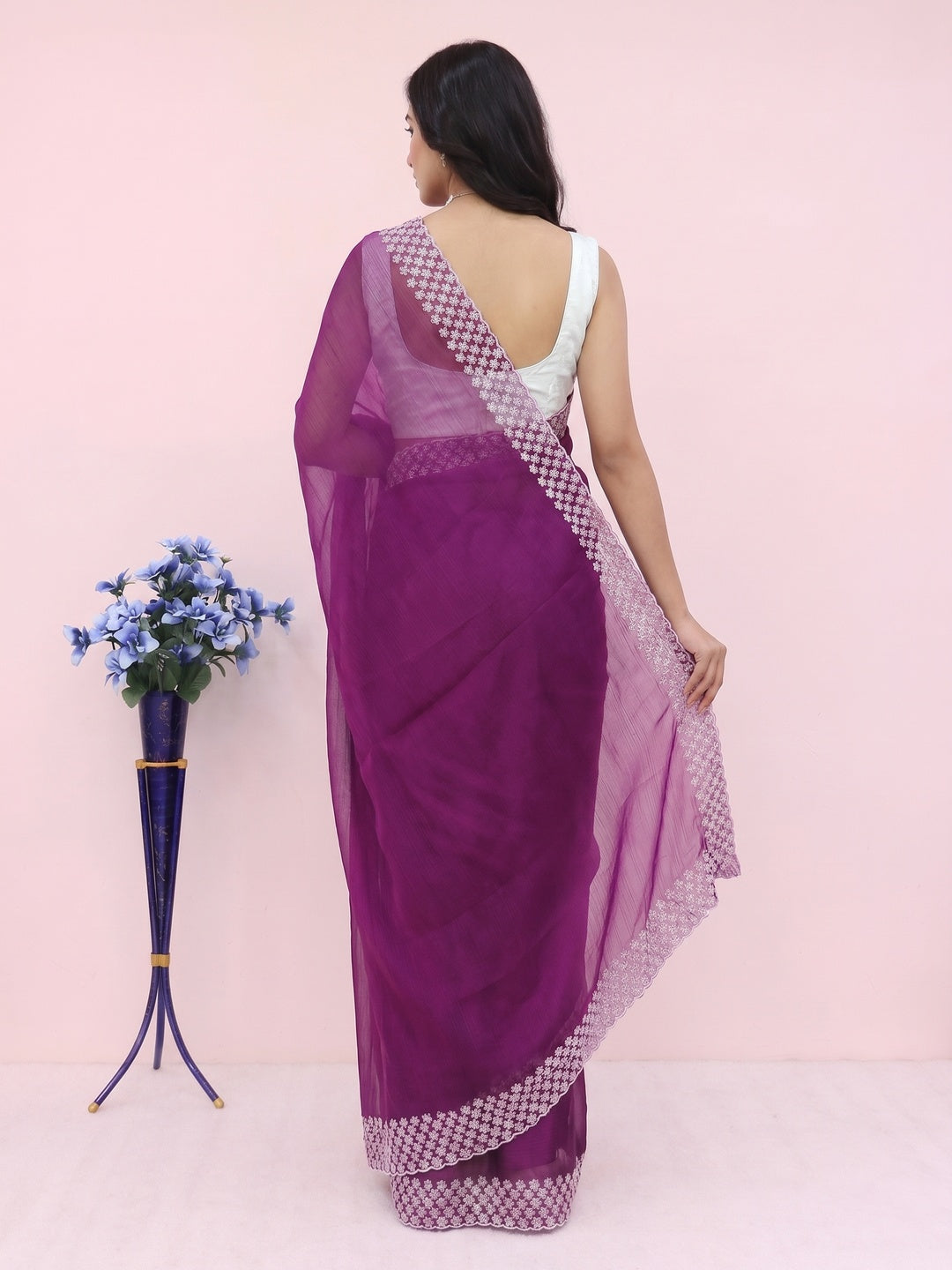 Purple Sequins Embroidered Chiffon Saree - Image 2
