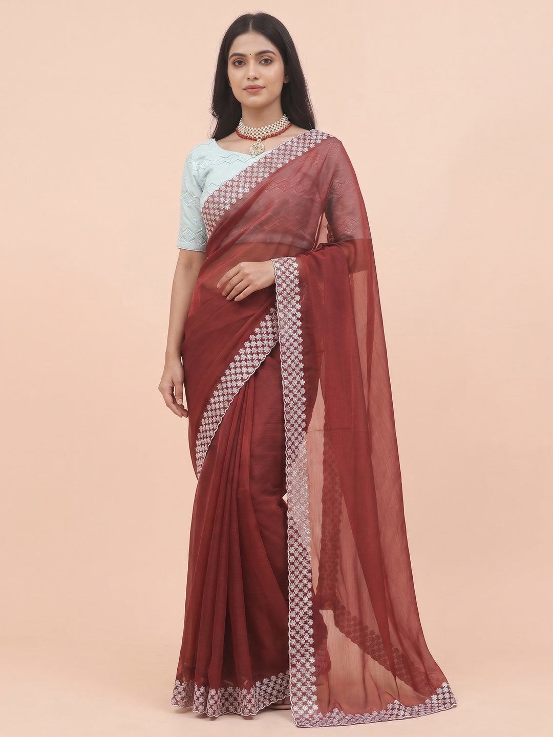 Maroon Sequins Embroidered Chiffon Saree - Image 1