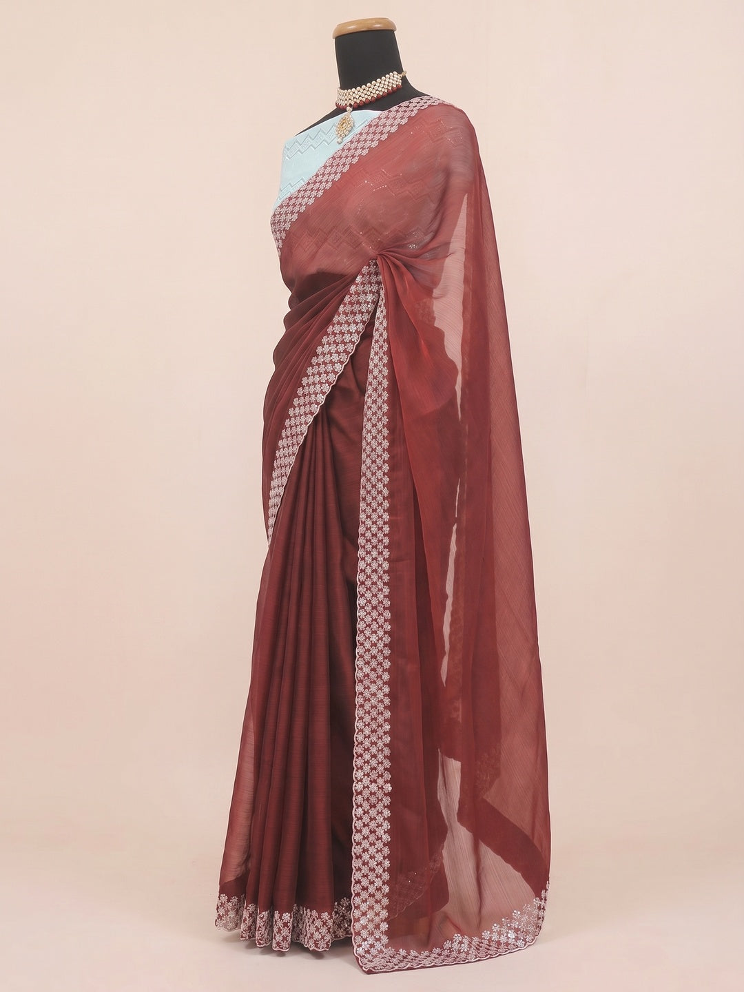 Maroon Sequins Embroidered Chiffon Saree - Image 2
