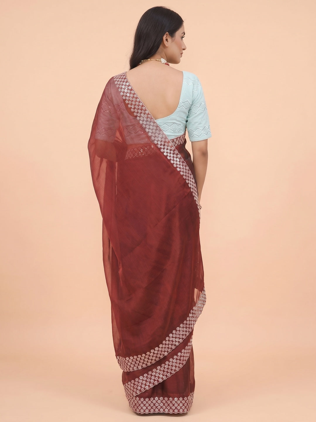 Maroon Sequins Embroidered Chiffon Saree - Image 3