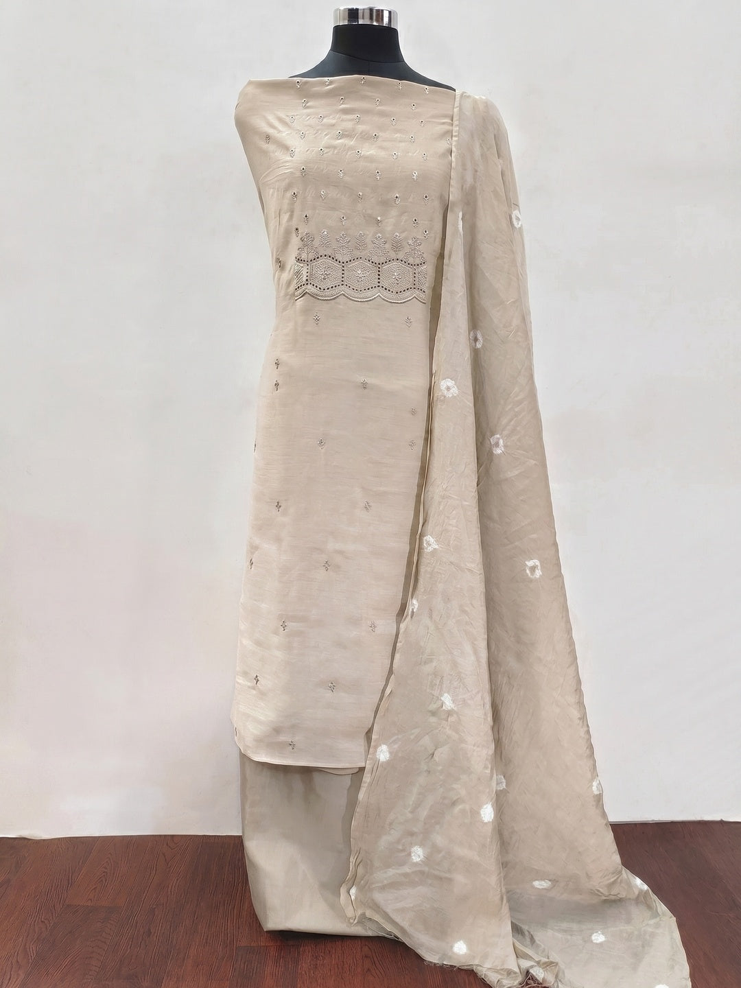 Beige Embroidered Cotton Blend Dress Material - Image 1