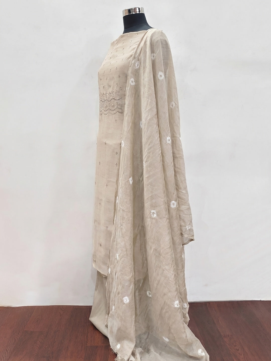 Beige Embroidered Cotton Blend Dress Material - Image 2