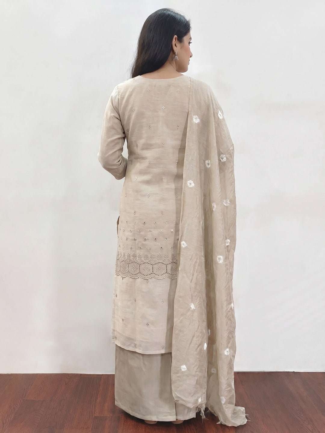 Beige Embroidered Cotton Blend Dress Material - Image 3