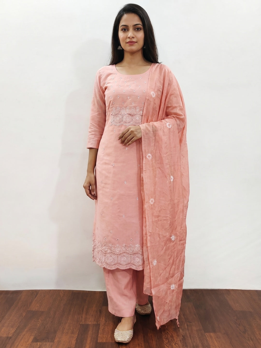 Peach Embroidered Cotton Blend Dress Material - Image 1