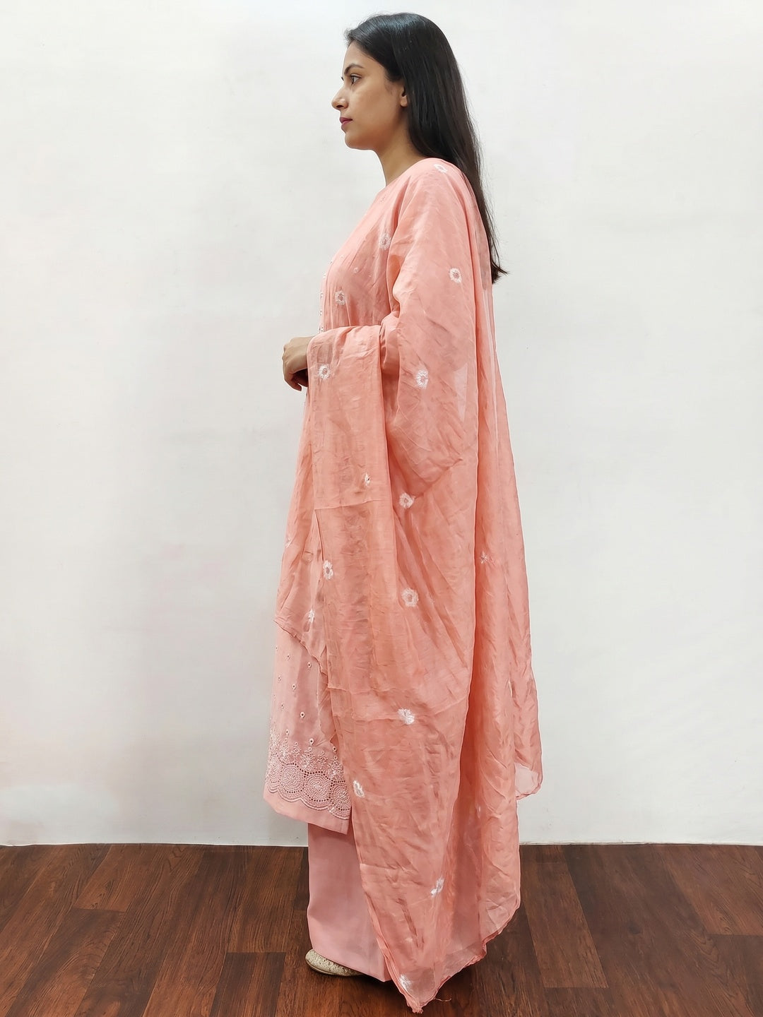 Peach Embroidered Cotton Blend Dress Material - Image 3