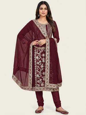 Maroon Floral Sequins Embroidered Georgette Dress Material - Image 1