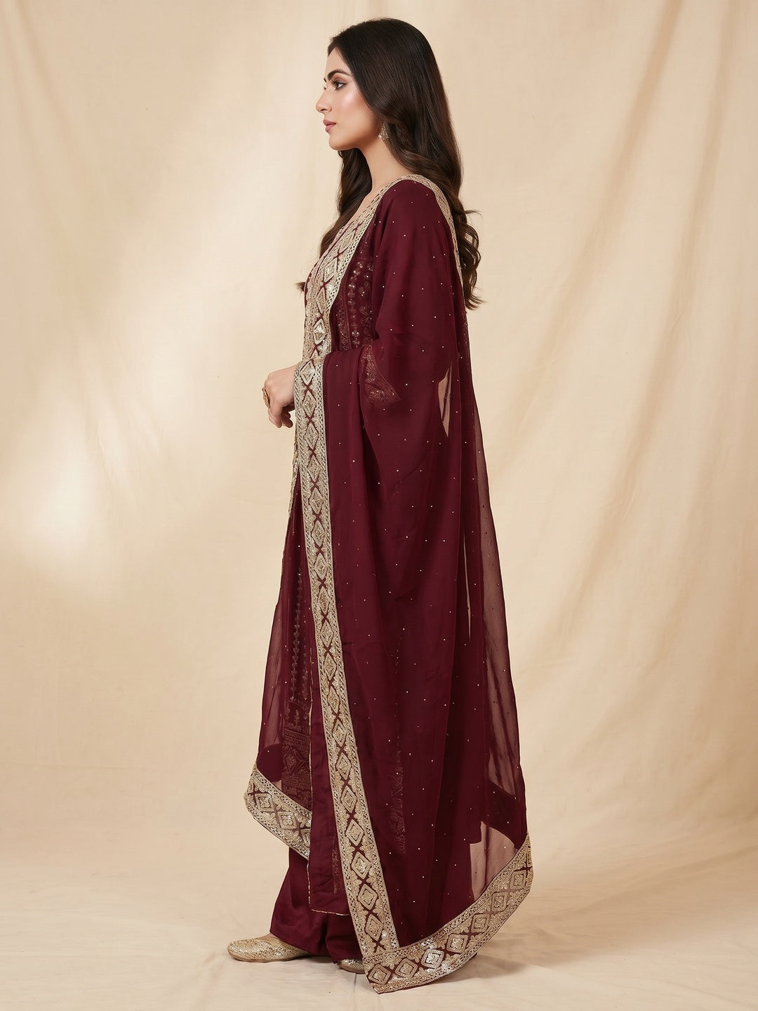Maroon Floral Sequins Embroidered Georgette Dress Material - Image 2