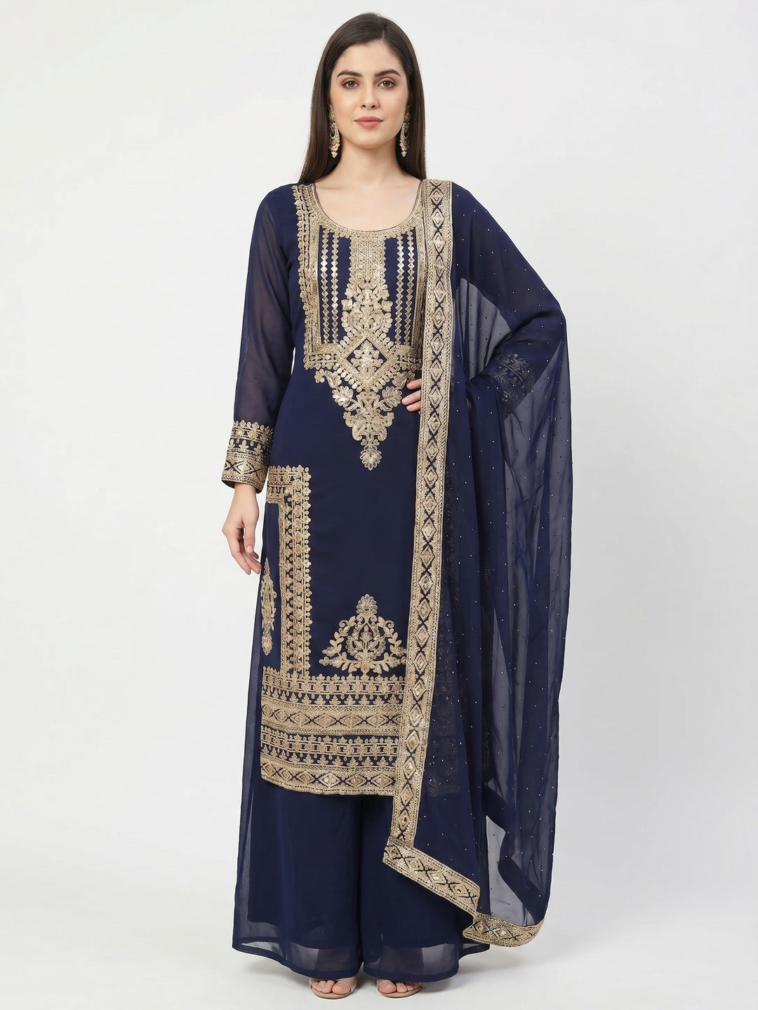 Navy Blue Floral Sequins Embroidered Georgette Dress Material - Image 1
