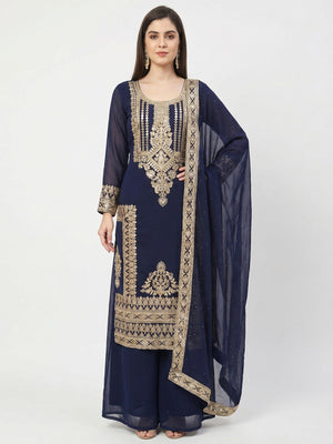 Navy Blue Floral Sequins Embroidered Georgette Dress Material - Image 1