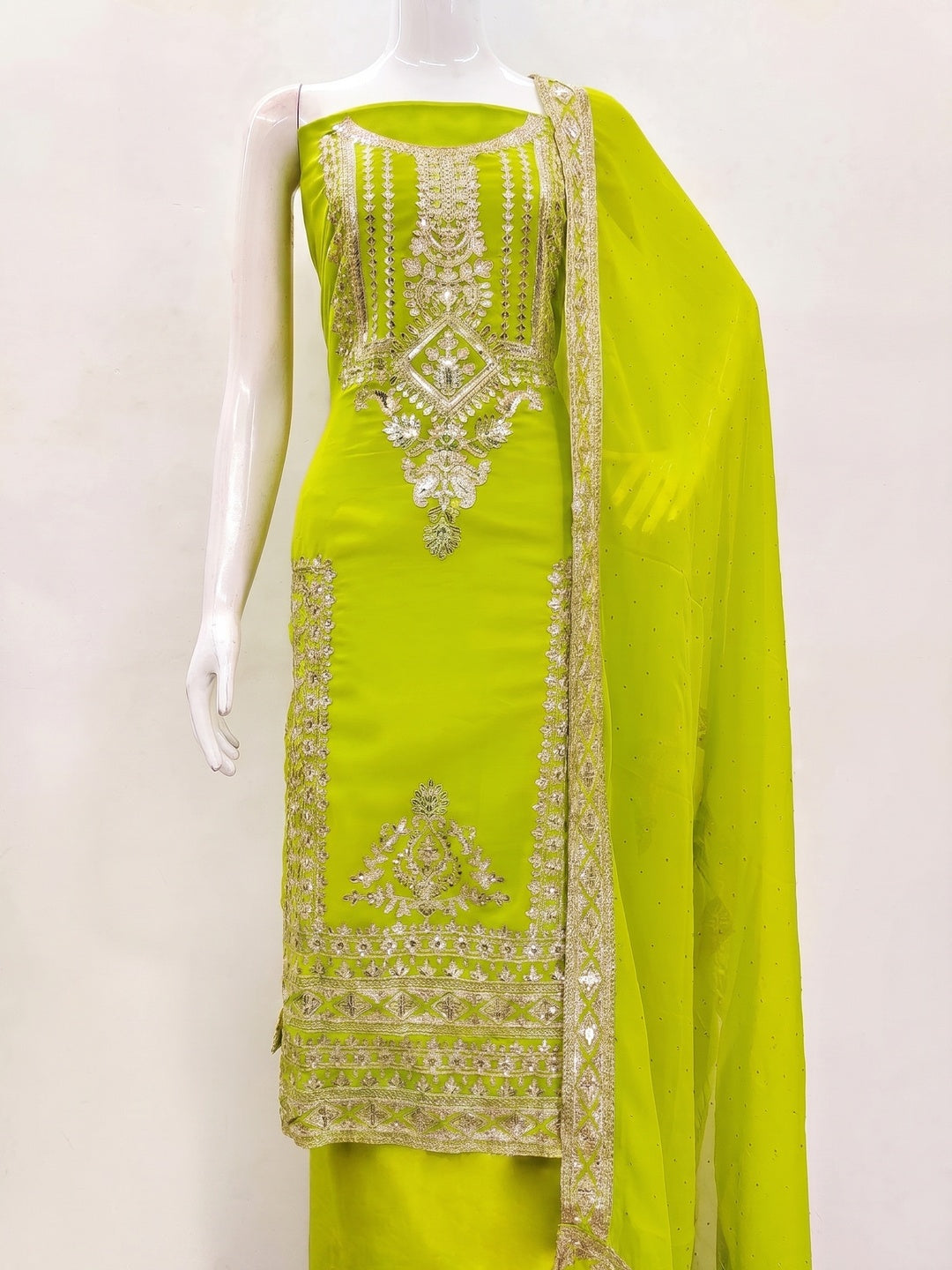 Green Floral Sequins Embroidered Georgette Dress Material - Image 1