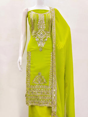 Green Floral Sequins Embroidered Georgette Dress Material - Image 1
