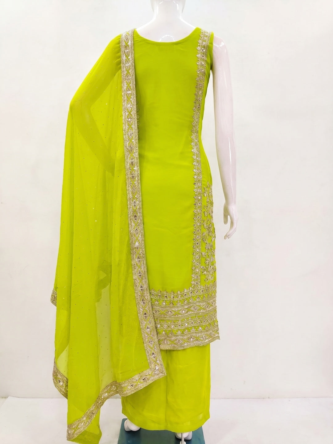 Green Floral Sequins Embroidered Georgette Dress Material - Image 2
