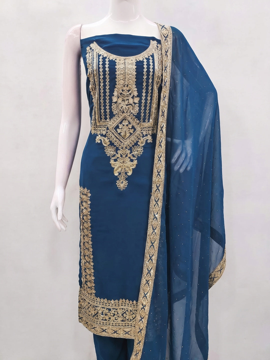 Blue Floral Sequins Embroidered Georgette Dress Material - Image 1