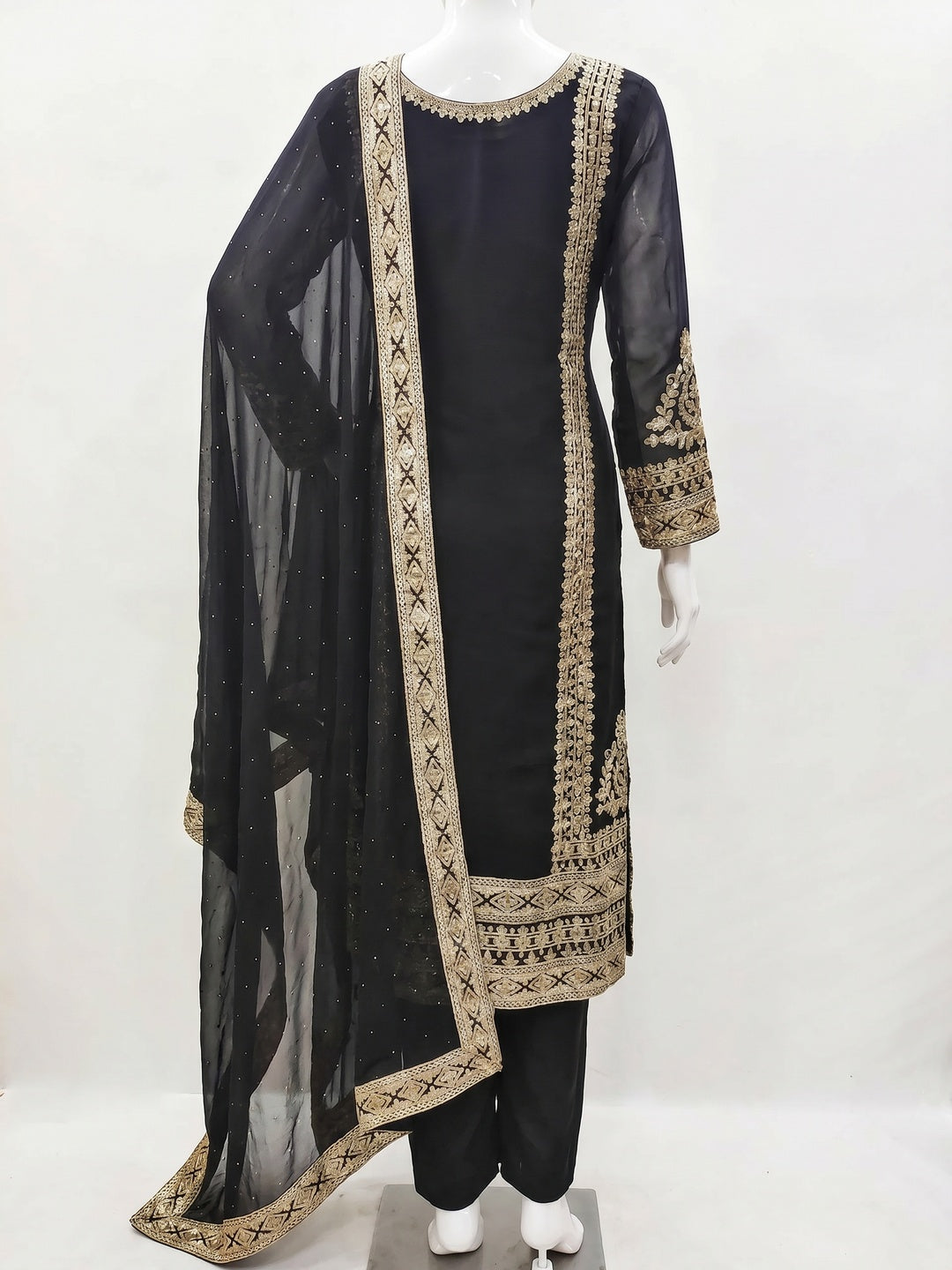 Black Floral Sequins Embroidered Georgette Dress Material - Image 2
