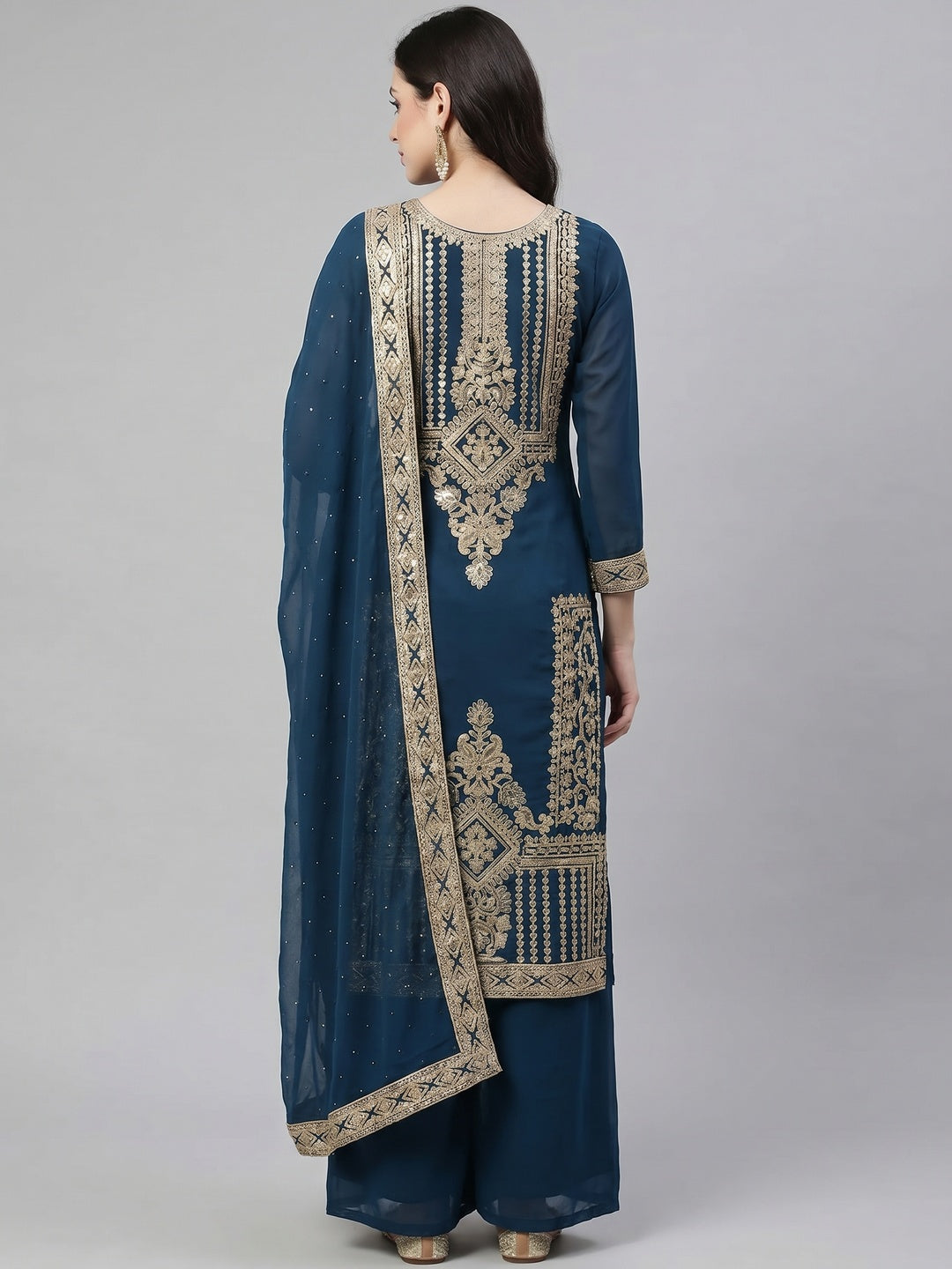 Blue Floral Sequins Embroidered Georgette Dress Material - Image 3