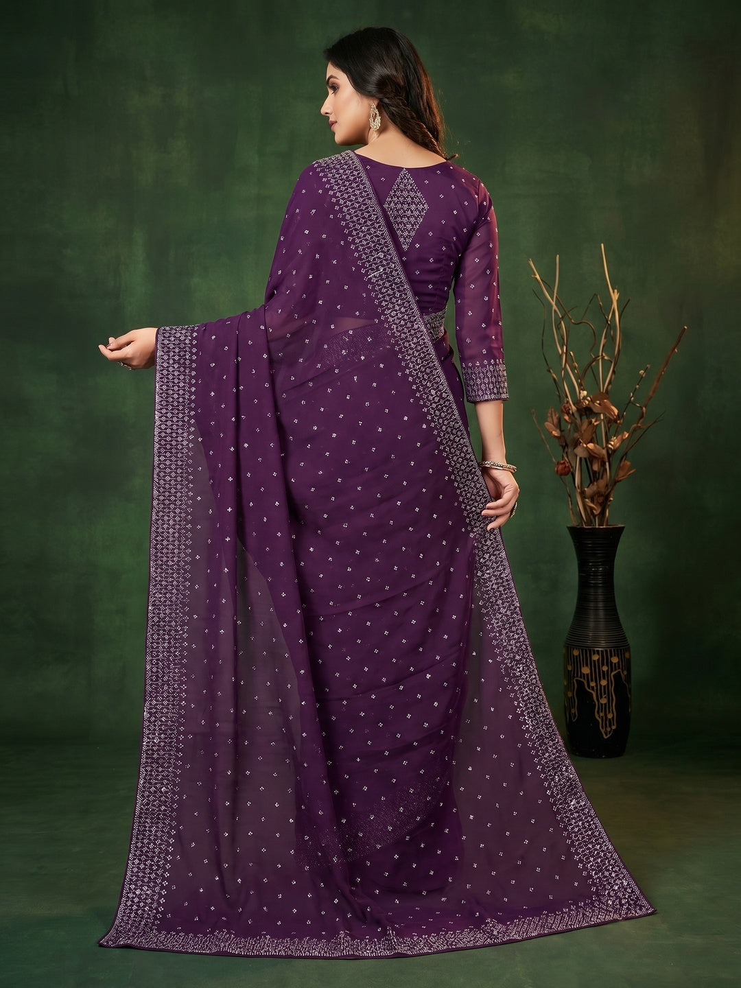 Purple Floral Swarovski Work Georgette Saree - Image 3