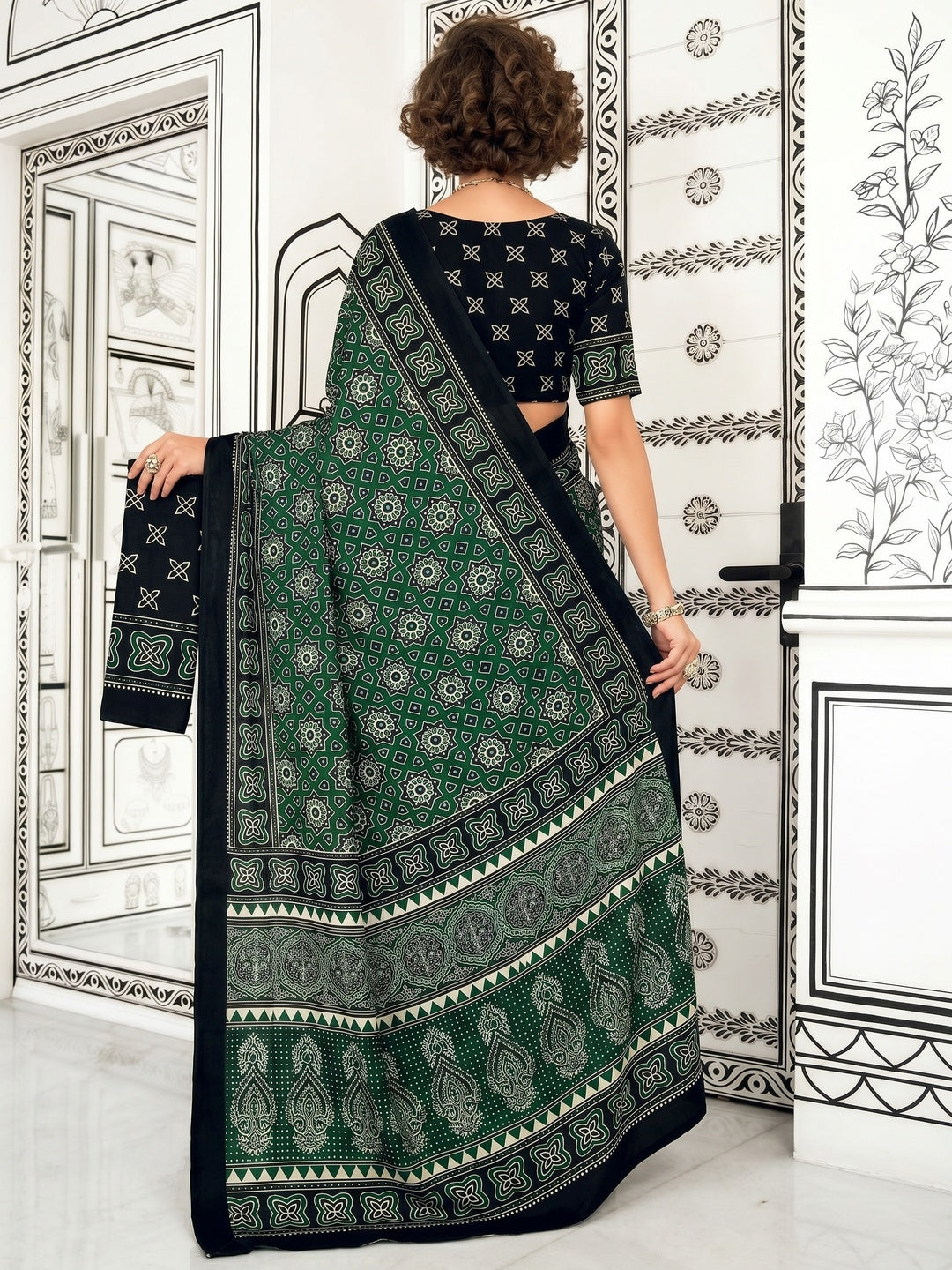 Green Printed Crepe Saree - Image 1