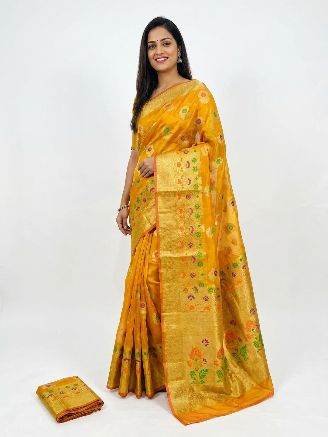 Mustard Floral Woven Organza Saree - Image 1