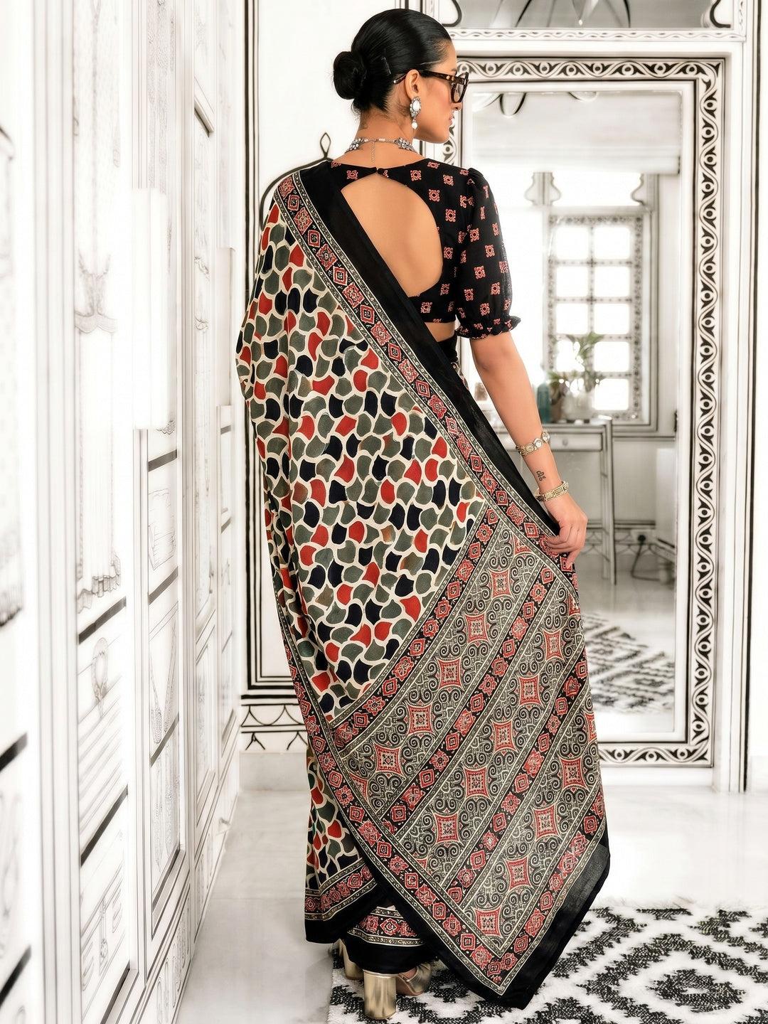 Multicolor Printed Crepe Saree - Image 1