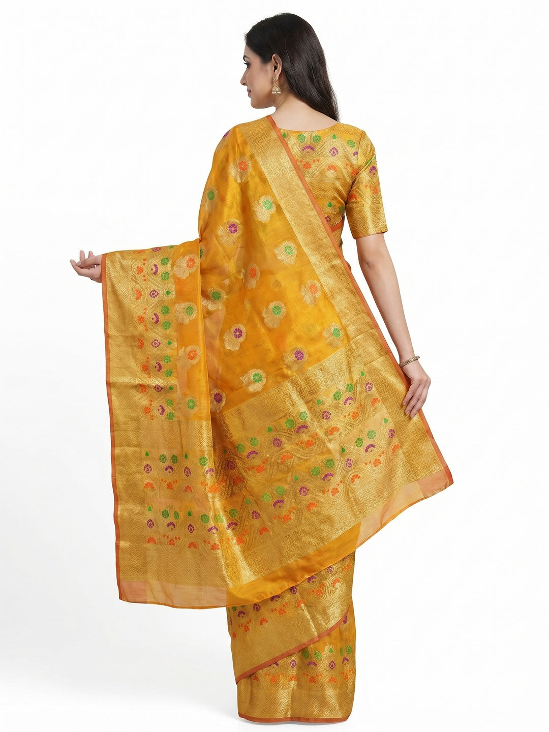 Mustard Floral Woven Organza Saree - Image 3