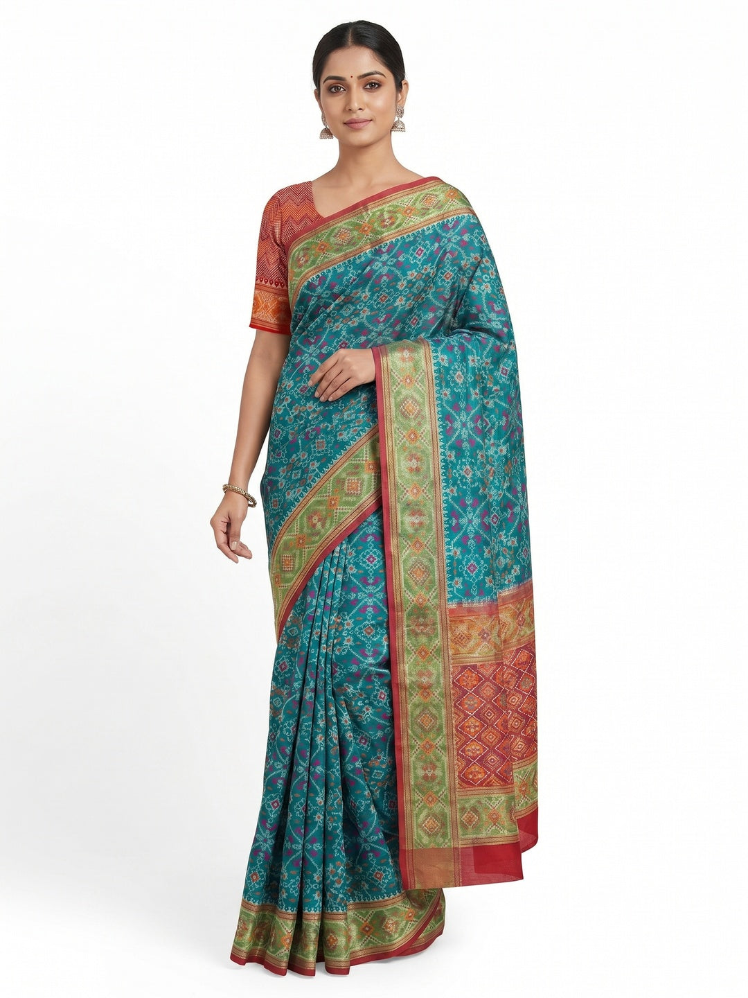 Teal Woven Cotton Silk Patola Saree - Image 1