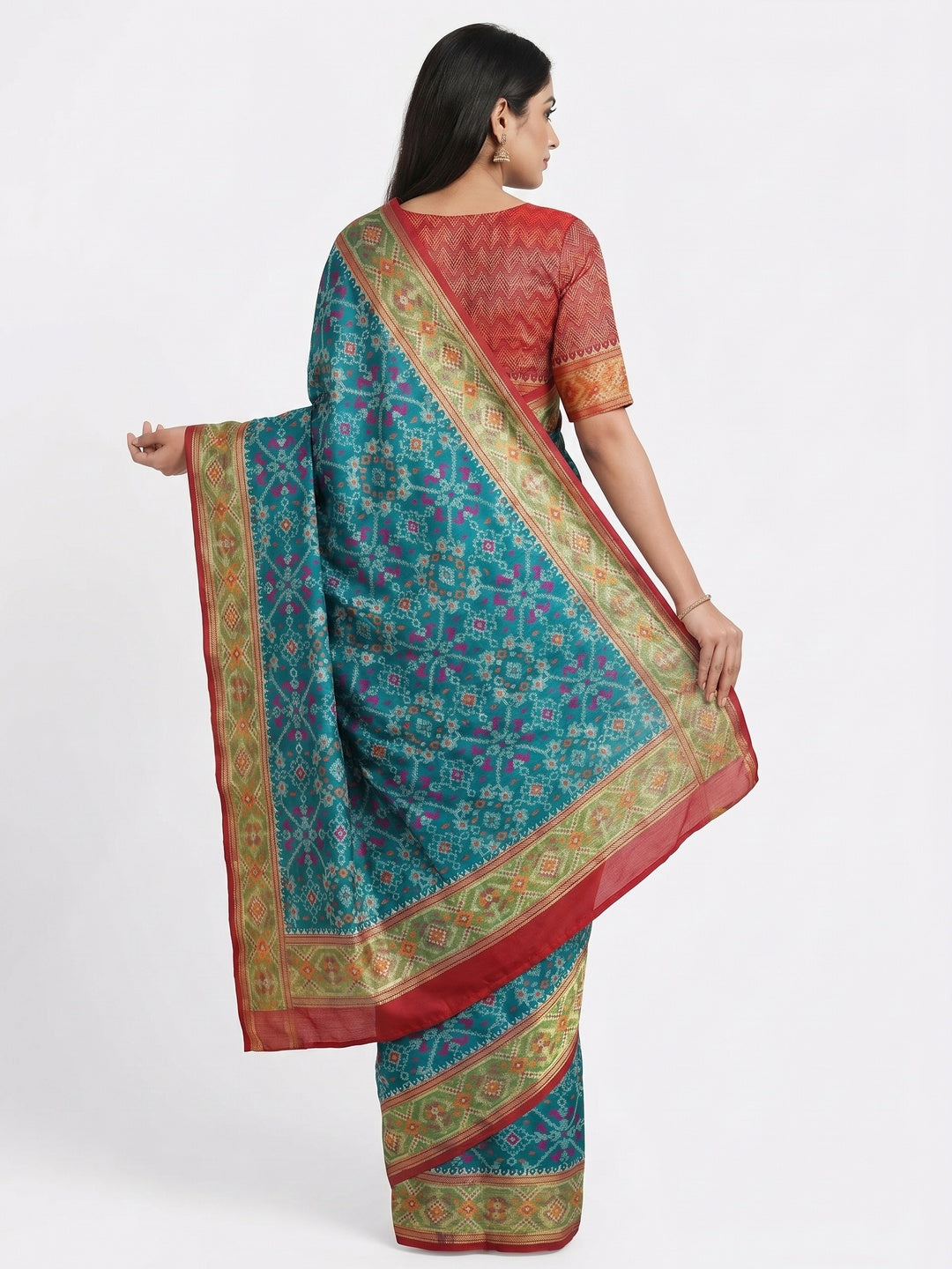 Teal Woven Cotton Silk Patola Saree - Image 2