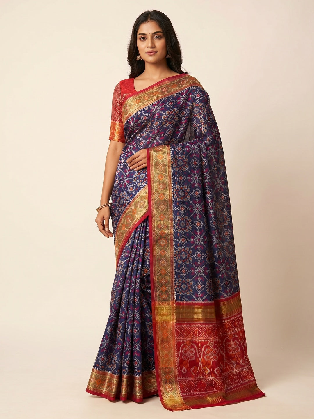 Navy Blue Woven Cotton Silk Patola Saree - Image 1