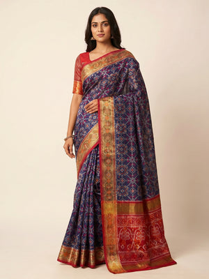 Navy Blue Woven Cotton Silk Patola Saree - Image 1