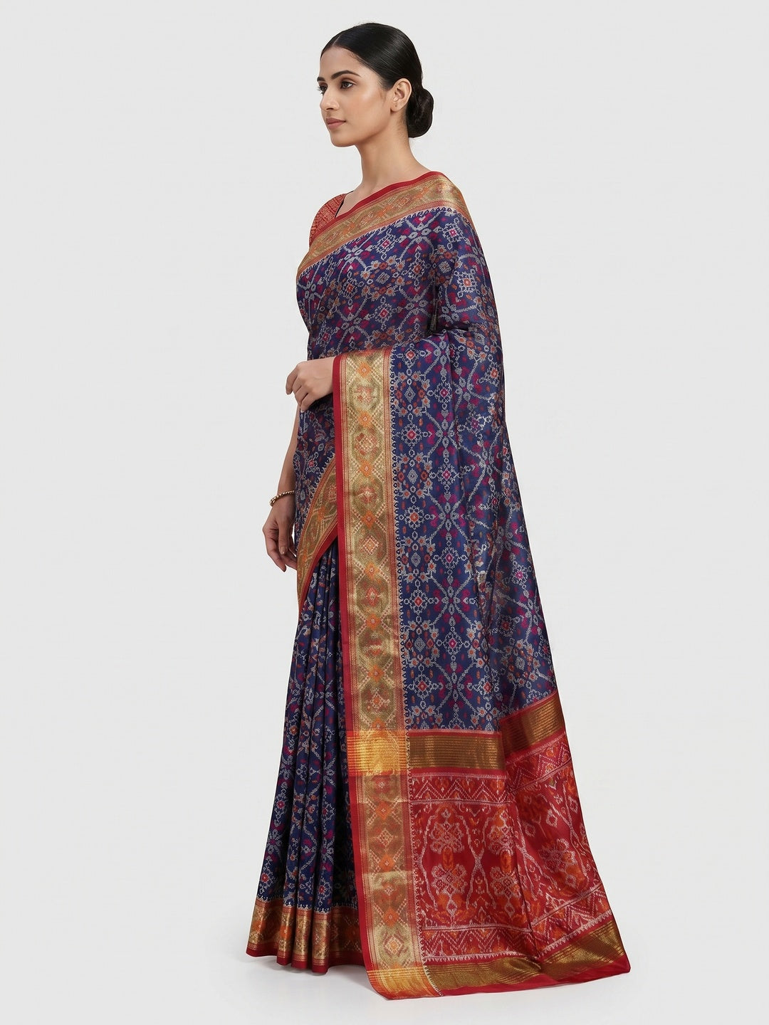 Navy Blue Woven Cotton Silk Patola Saree - Image 3