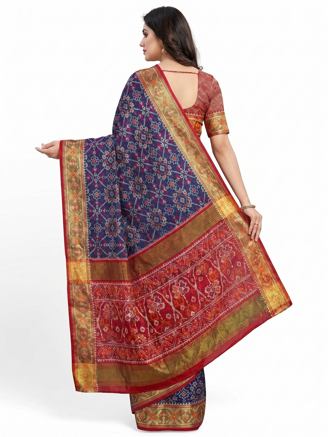 Navy Blue Woven Cotton Silk Patola Saree - Image 2