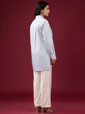 Light Blue Solid Satin High-Low Shirt - Image 1