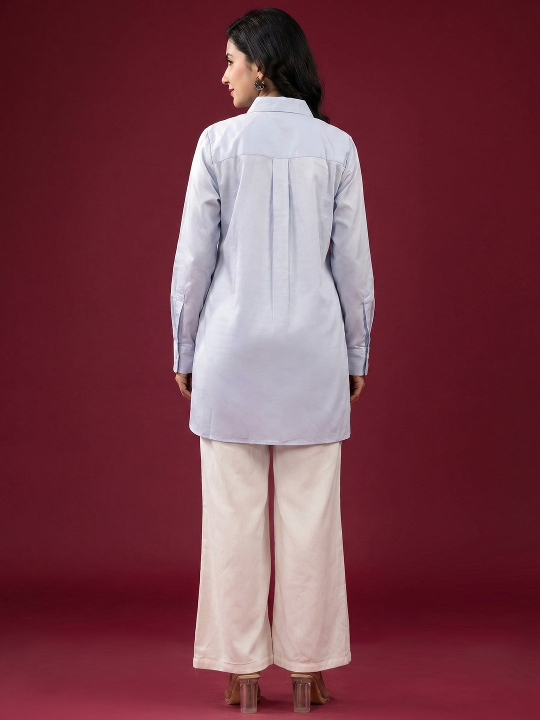Light Blue Solid Satin High-Low Shirt - Image 2