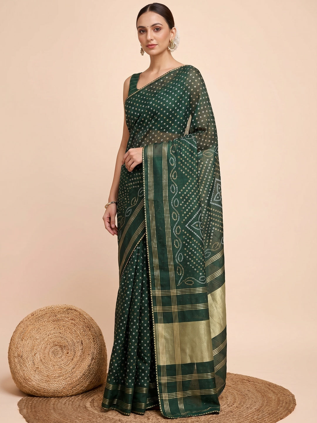 Green Bandhani Printed Cotton Silk Saree - Image 1