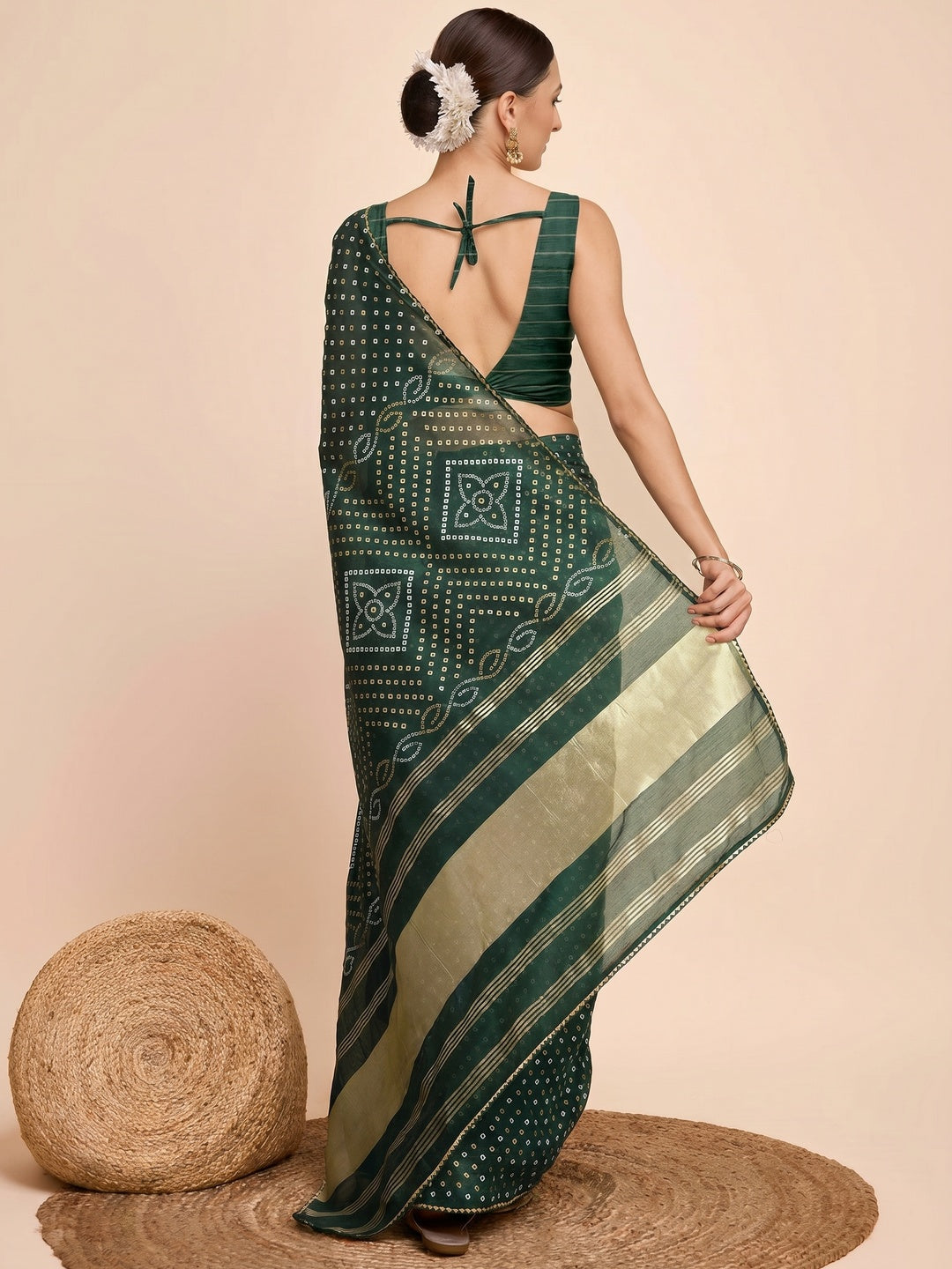 Green Bandhani Printed Cotton Silk Saree - Image 2