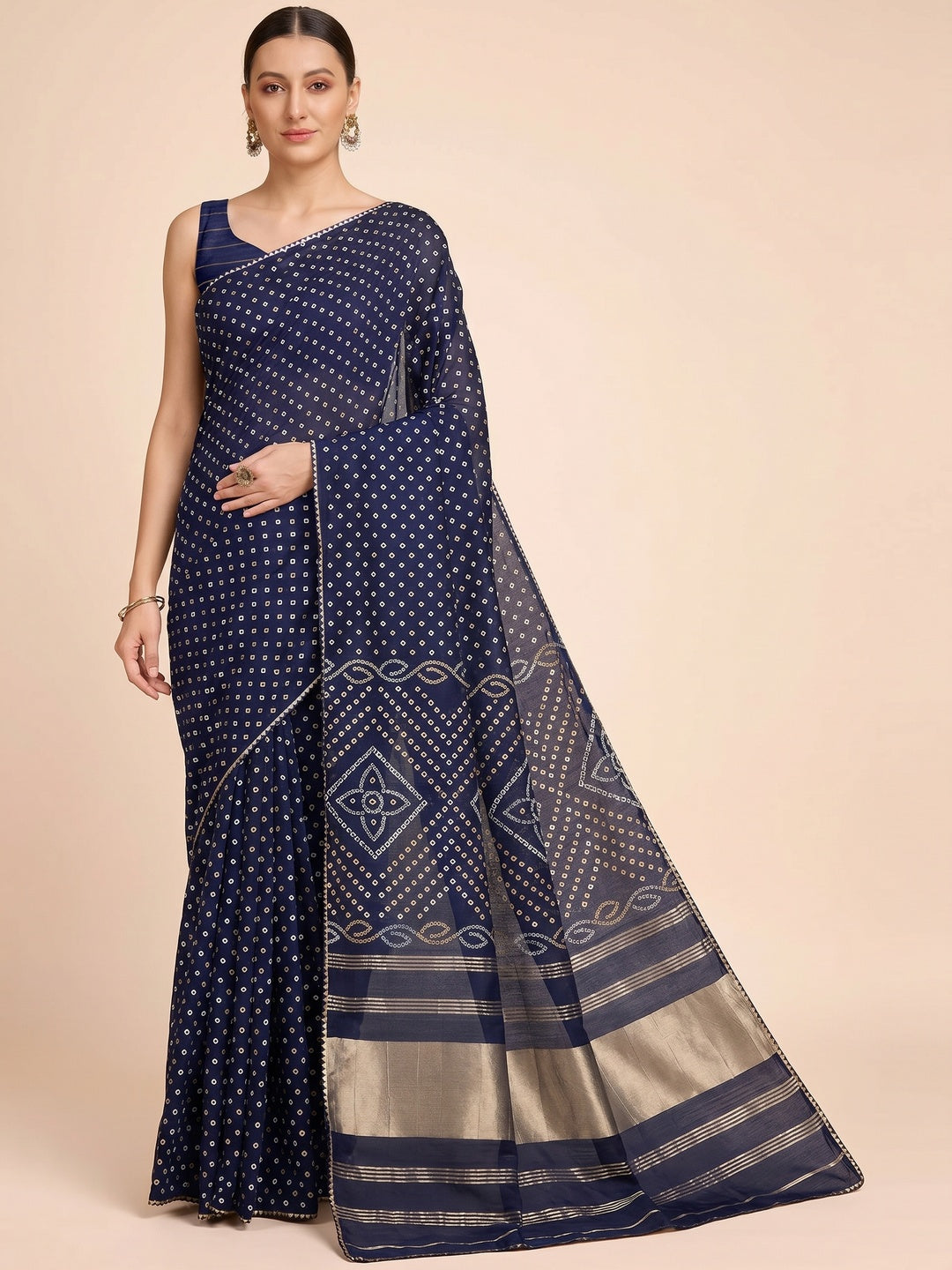 Blue Bandhani Printed Cotton Silk Saree - Image 1