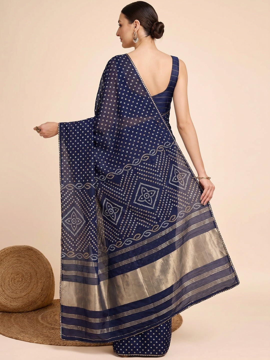 Blue Bandhani Printed Cotton Silk Saree - Image 3