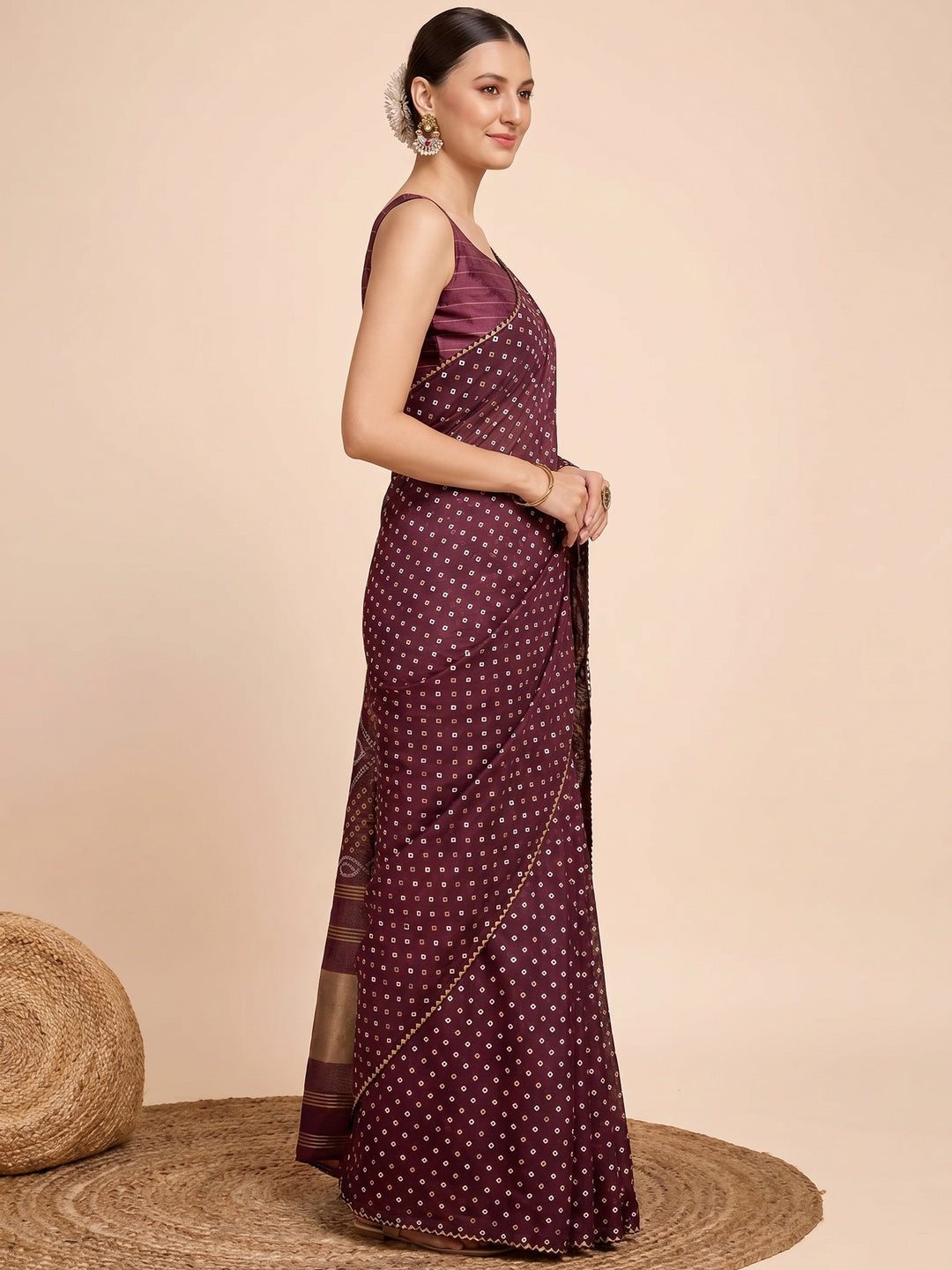 Wine Bandhani Printed Cotton Silk Saree - Image 1