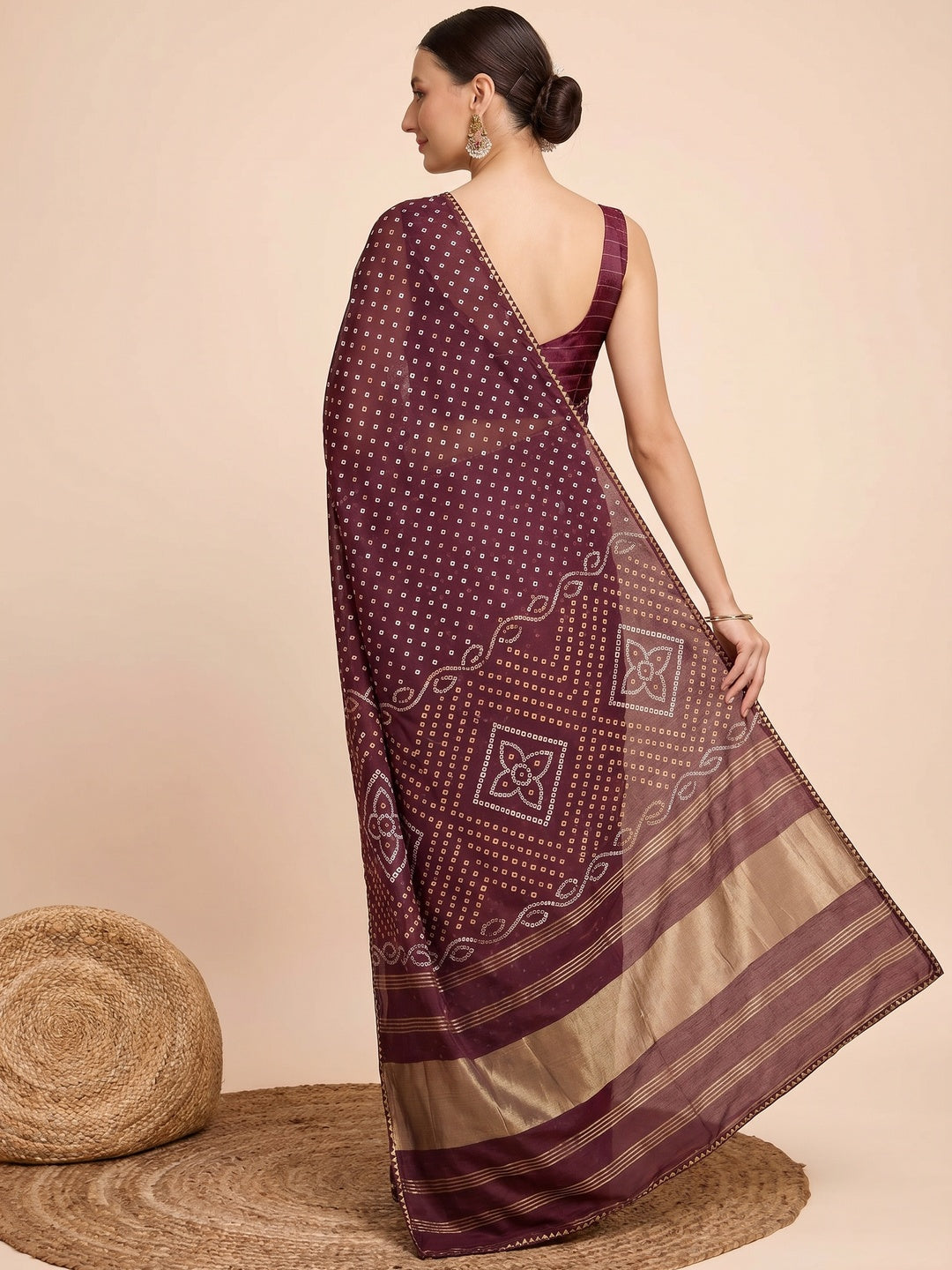 Wine Bandhani Printed Cotton Silk Saree - Image 2