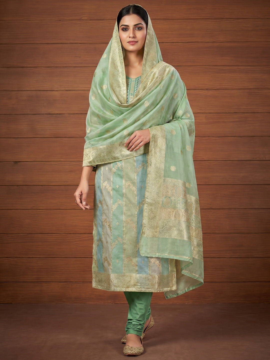 Green Floral Woven With Hand Embroidered Jacquard Dress Material - Image 1