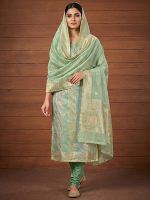 Green Floral Woven With Hand Embroidered Jacquard Dress Material - Image 1
